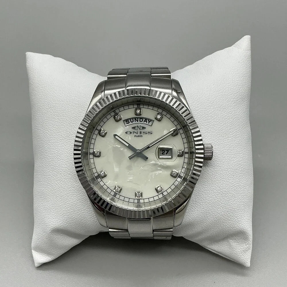Oniss Women Watch 42mm MOP Dial Stainless Day Date ON3881-MMWT New Battery 6.5